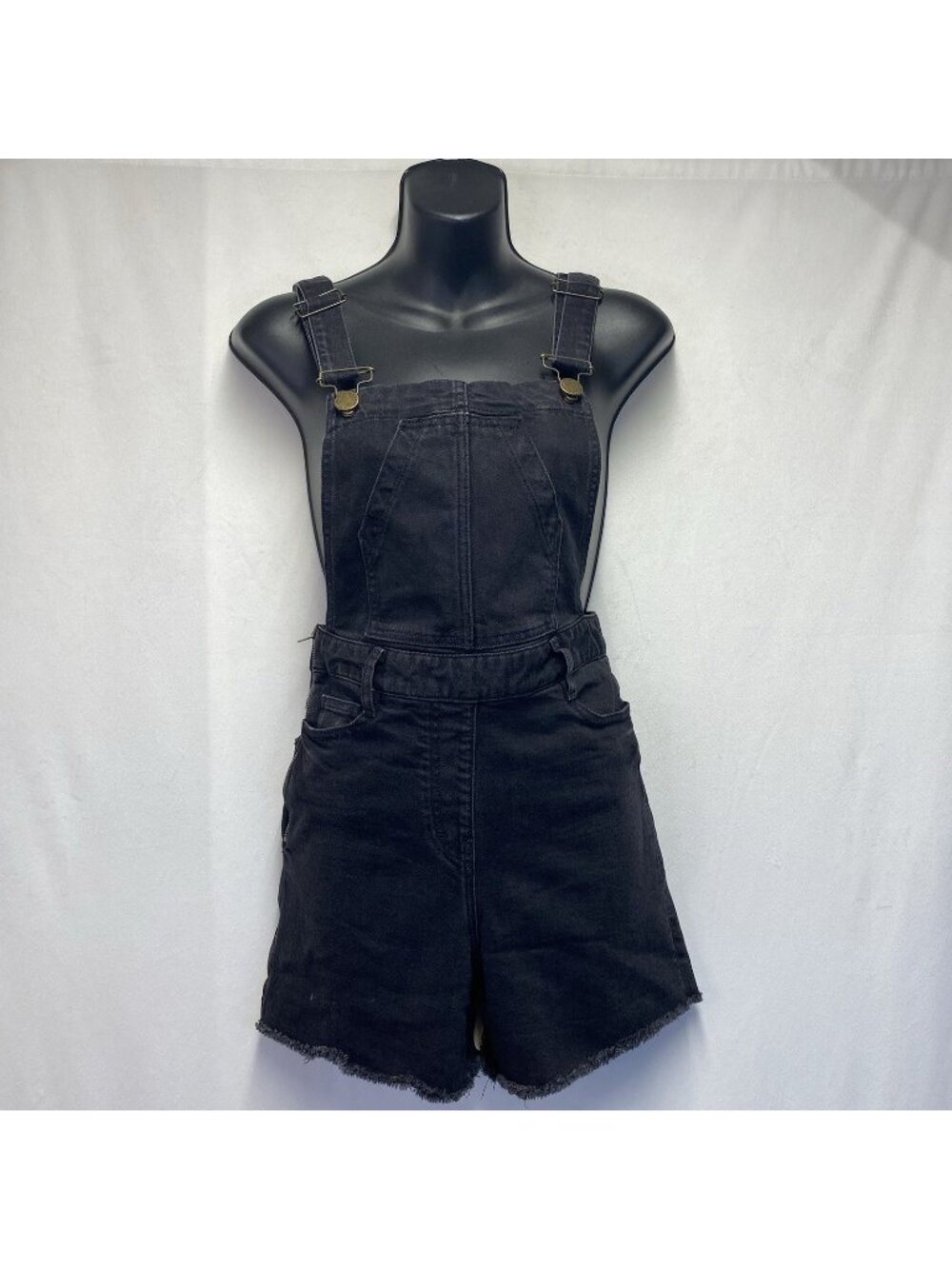 Maje Distressed Denim Jumper-Short Overall Women Size 34 Washed Black Bib Front